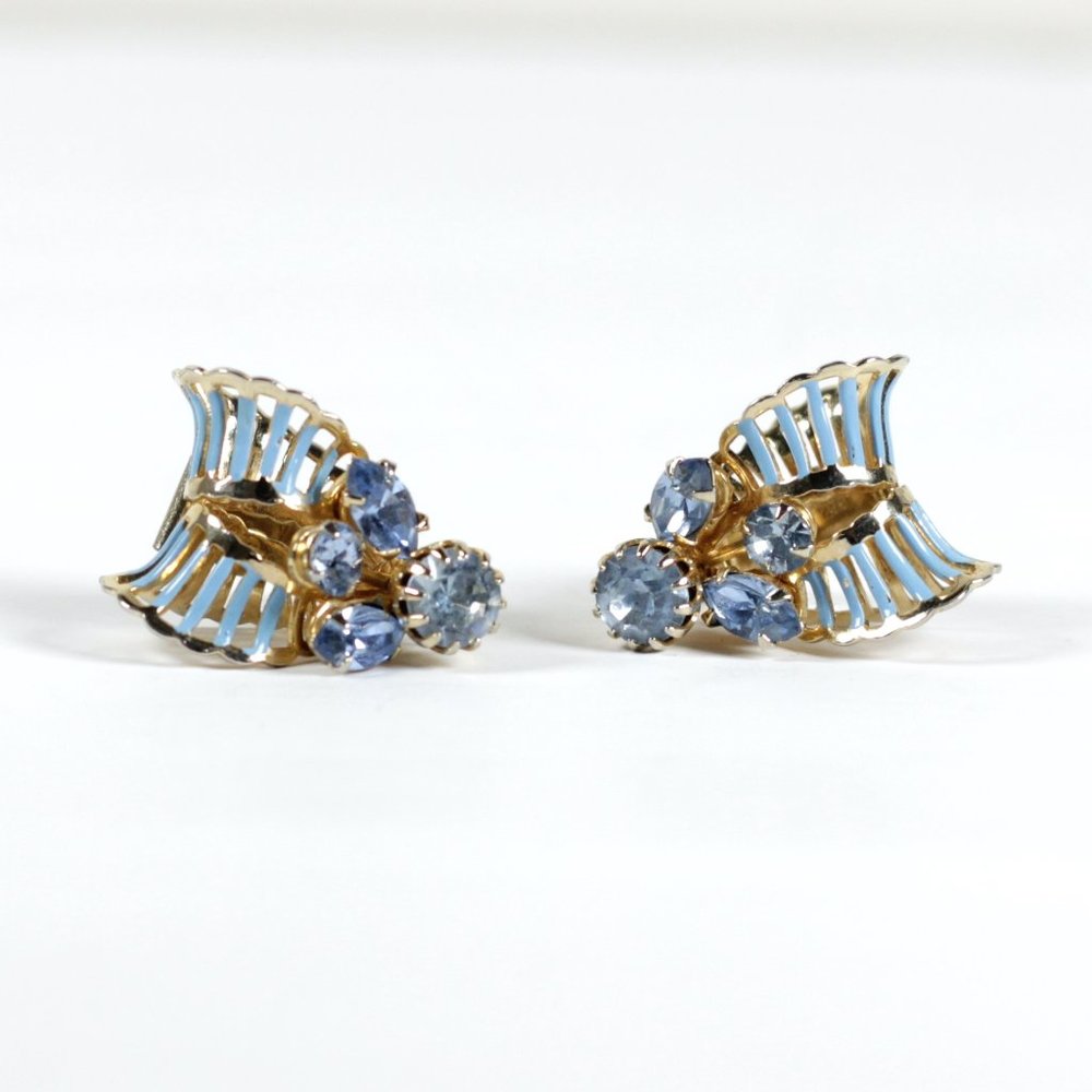 Vintage Art Deco Egyptian Revival Blue Rhinestone Gold Tone Clip On Earrings